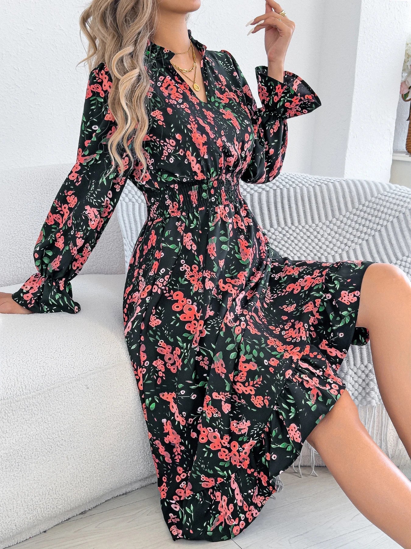 Elegant Floral Print Dresses V Neck Flare Long Sleeve Ruffled A Line Dress - PratSN