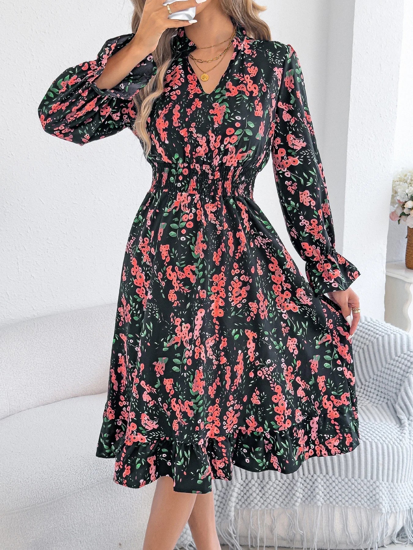 Elegant Floral Print Dresses V Neck Flare Long Sleeve Ruffled A Line Dress - PratSN