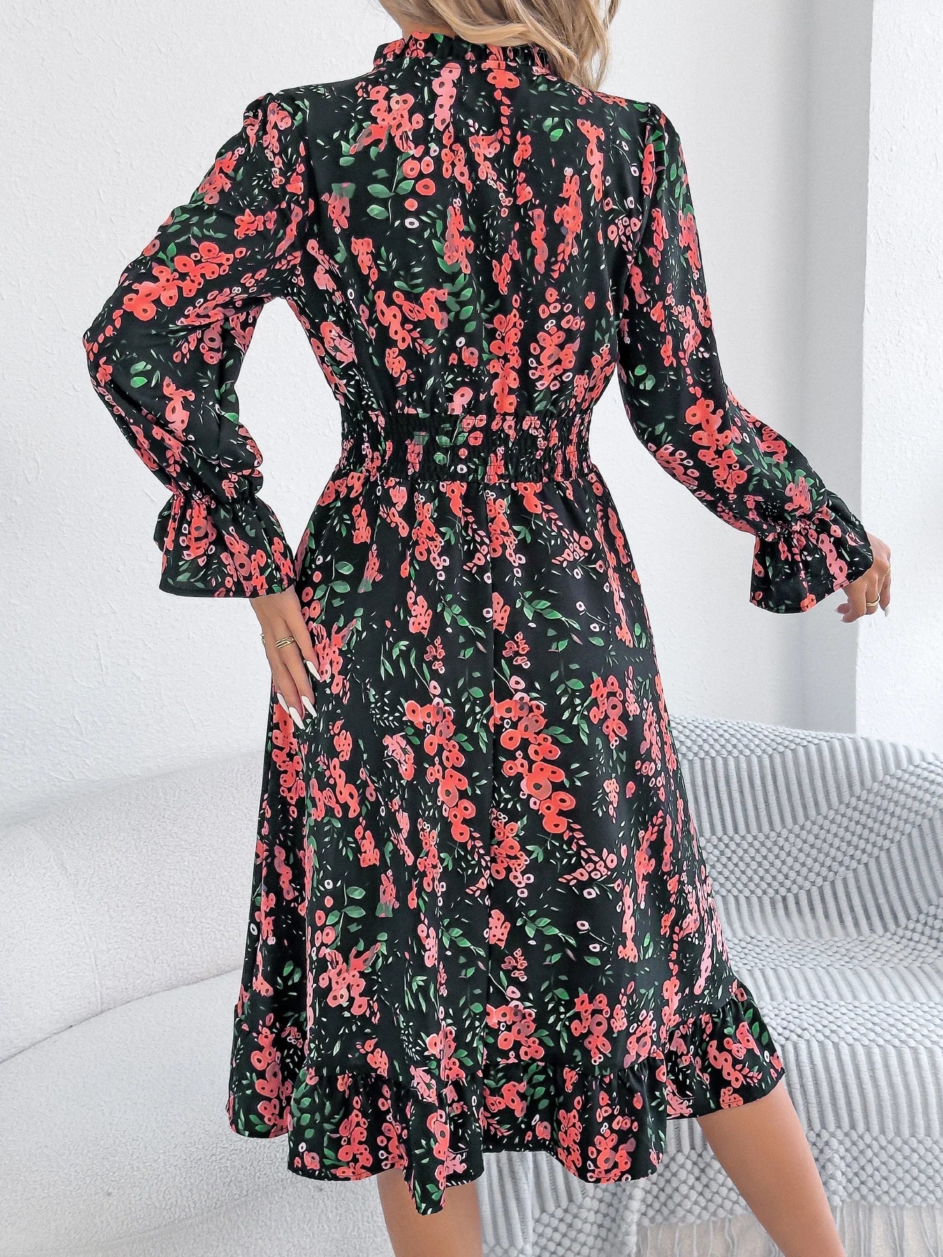 Elegant Floral Print Dresses V Neck Flare Long Sleeve Ruffled A Line Dress - PratSN