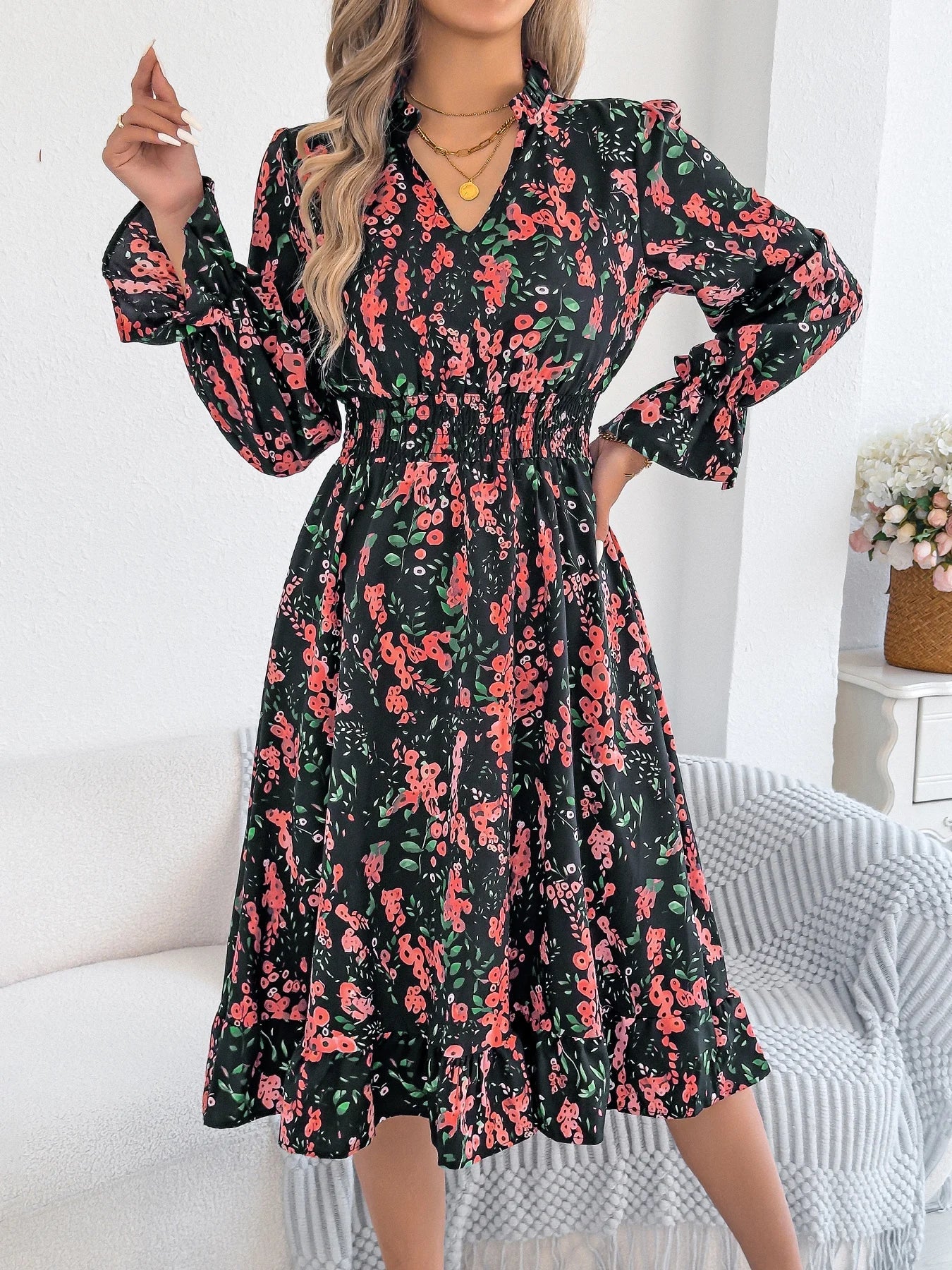 Elegant Floral Print Dresses V Neck Flare Long Sleeve Ruffled A Line Dress - PratSN