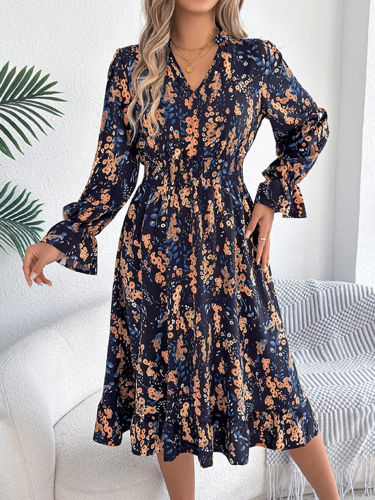 Elegant Floral Print Dresses V Neck Flare Long Sleeve Ruffled A Line Dress - PratSN