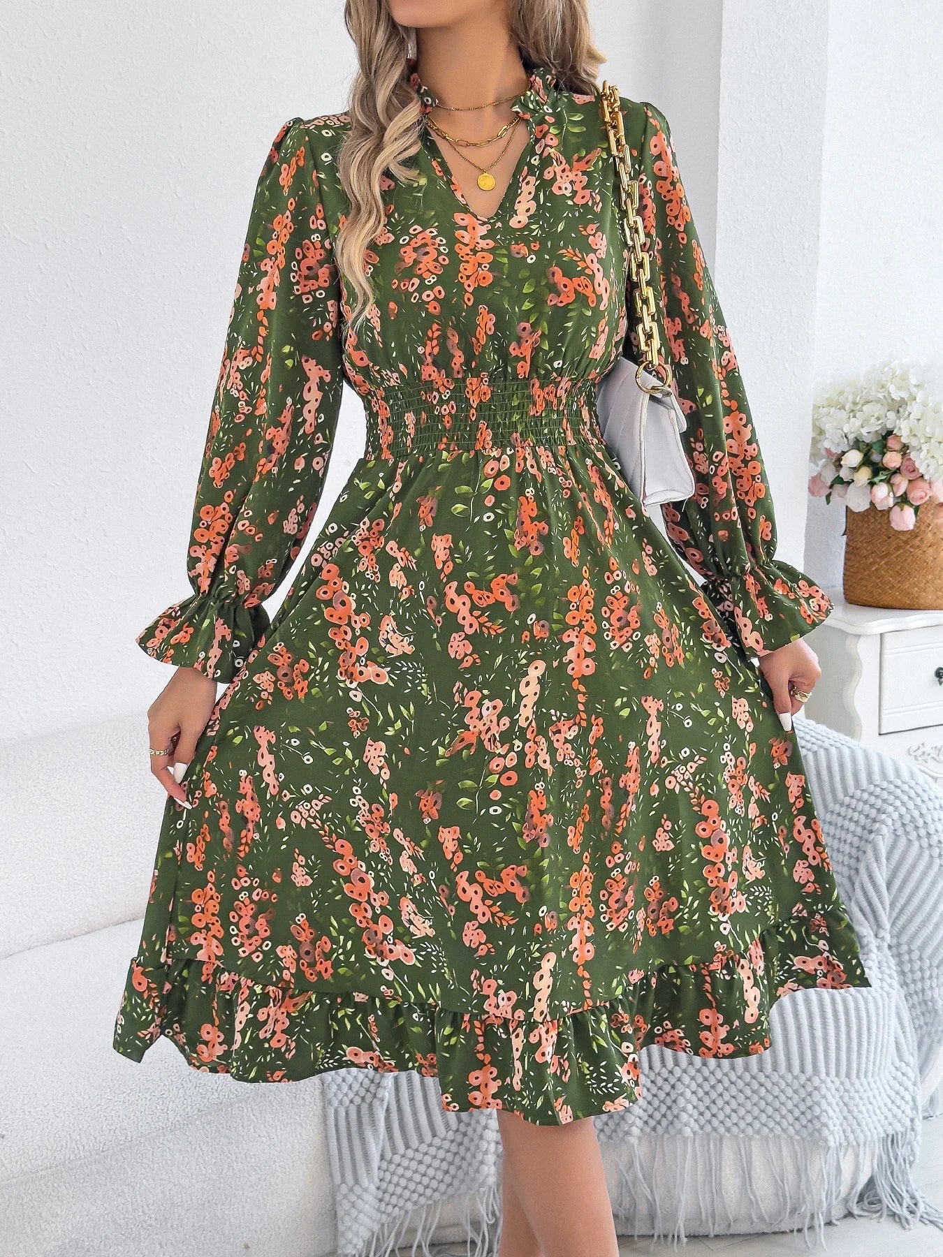 Elegant Floral Print Dresses V Neck Flare Long Sleeve Ruffled A Line Dress - PratSN