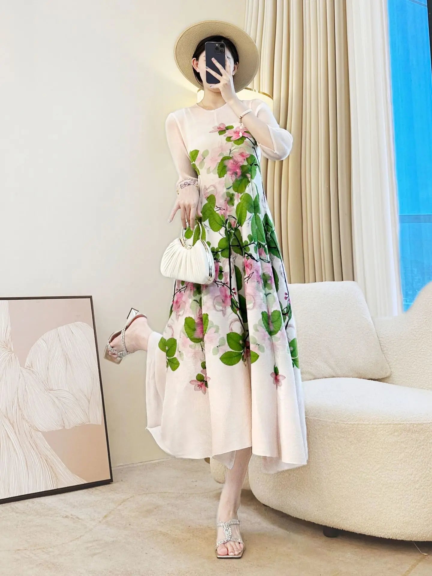 Elegant Floral Print Long Dress Women Summer Vintage A - Line Midi Dress Holiday Outfit - PratSN