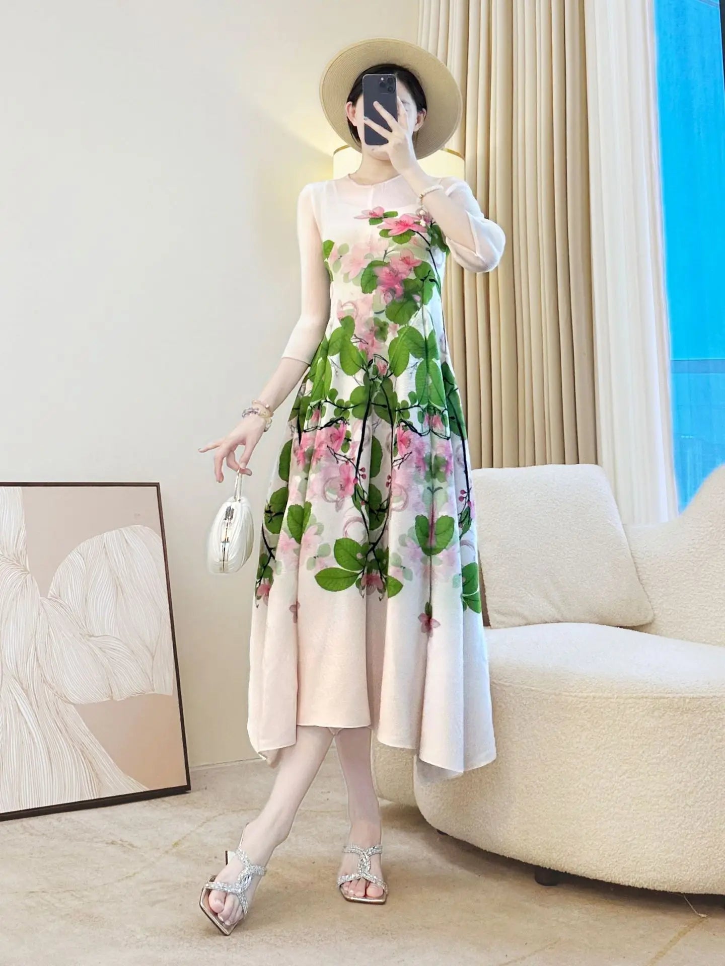 Elegant Floral Print Long Dress Women Summer Vintage A - Line Midi Dress Holiday Outfit - PratSN
