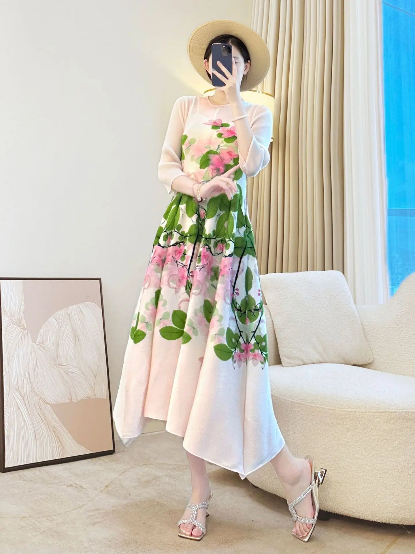 Elegant Floral Print Long Dress Women Summer Vintage A - Line Midi Dress Holiday Outfit - PratSN