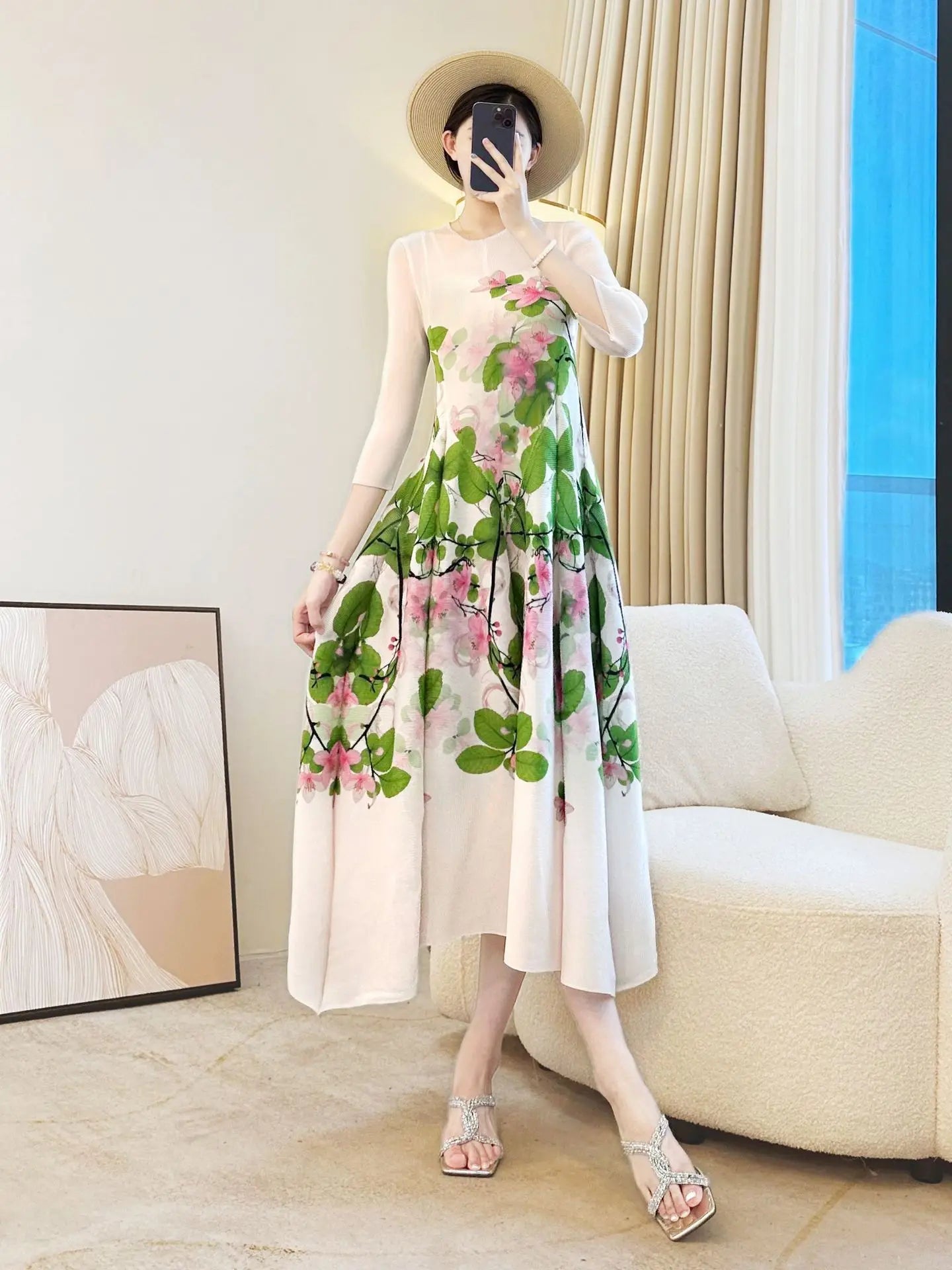 Elegant Floral Print Long Dress Women Summer Vintage A - Line Midi Dress Holiday Outfit - PratSN