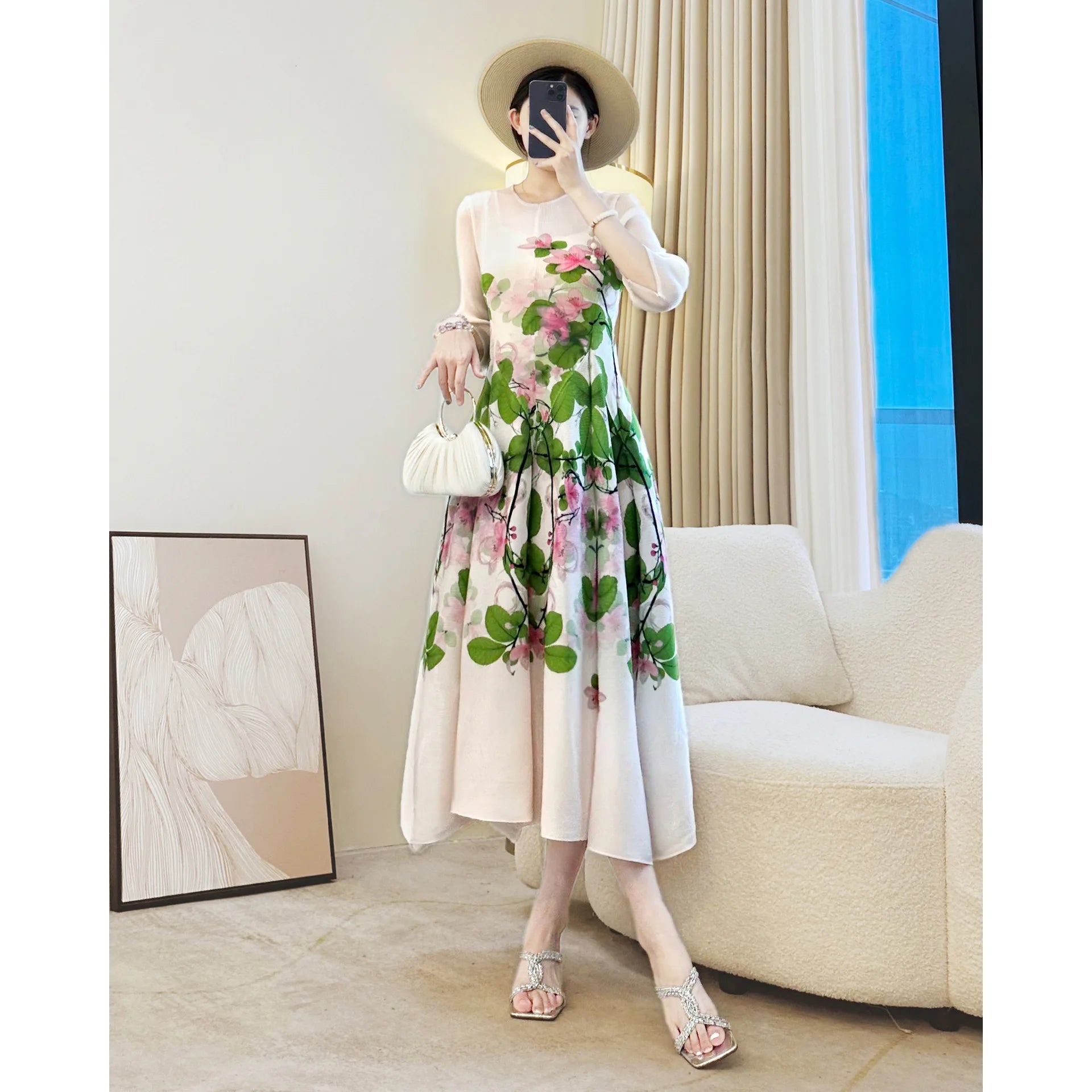 Elegant Floral Print Long Dress Women Summer Vintage A - Line Midi Dress Holiday Outfit - PratSN