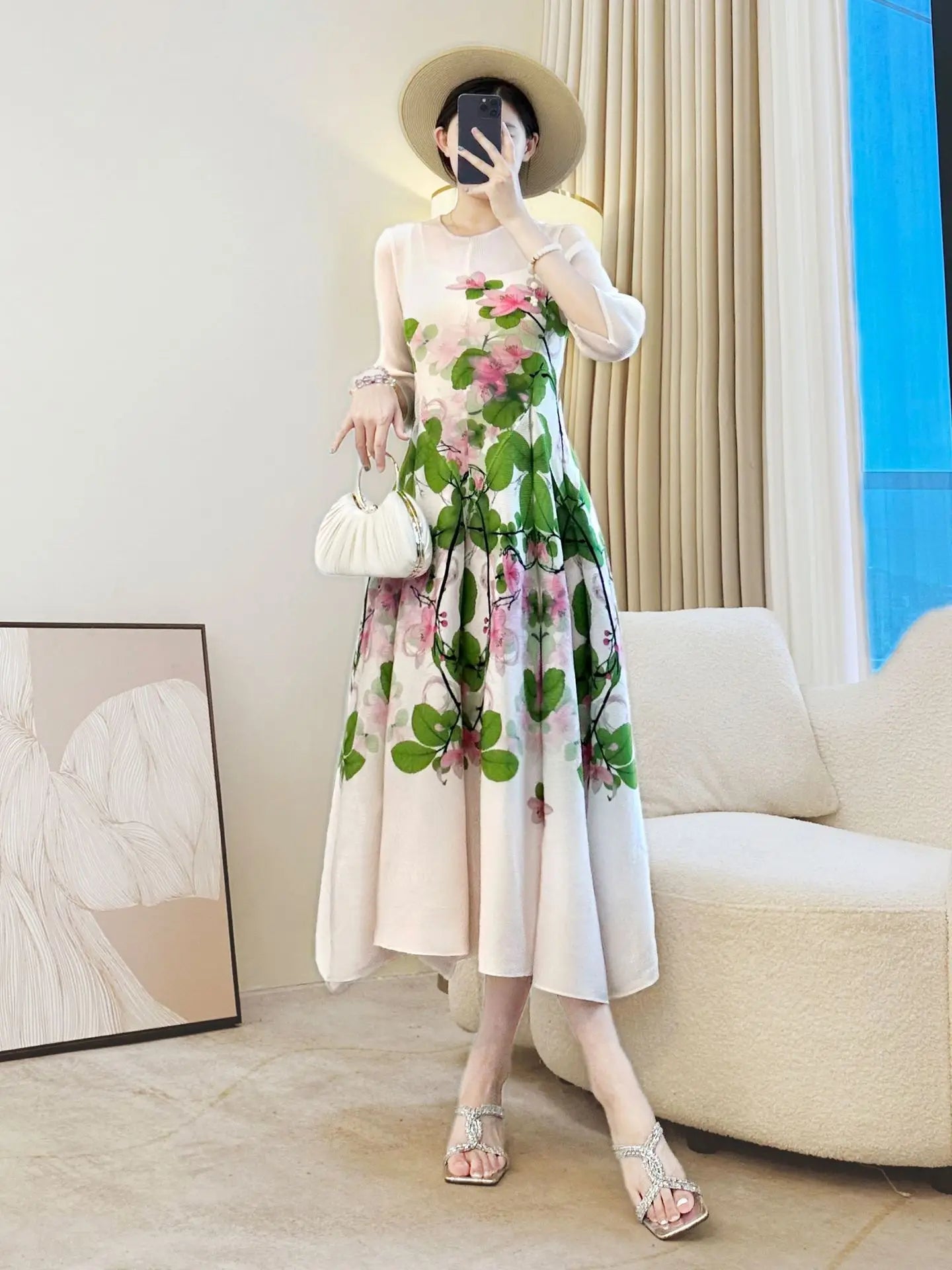 Elegant Floral Print Long Dress Women Summer Vintage A - Line Midi Dress Holiday Outfit - PratSN