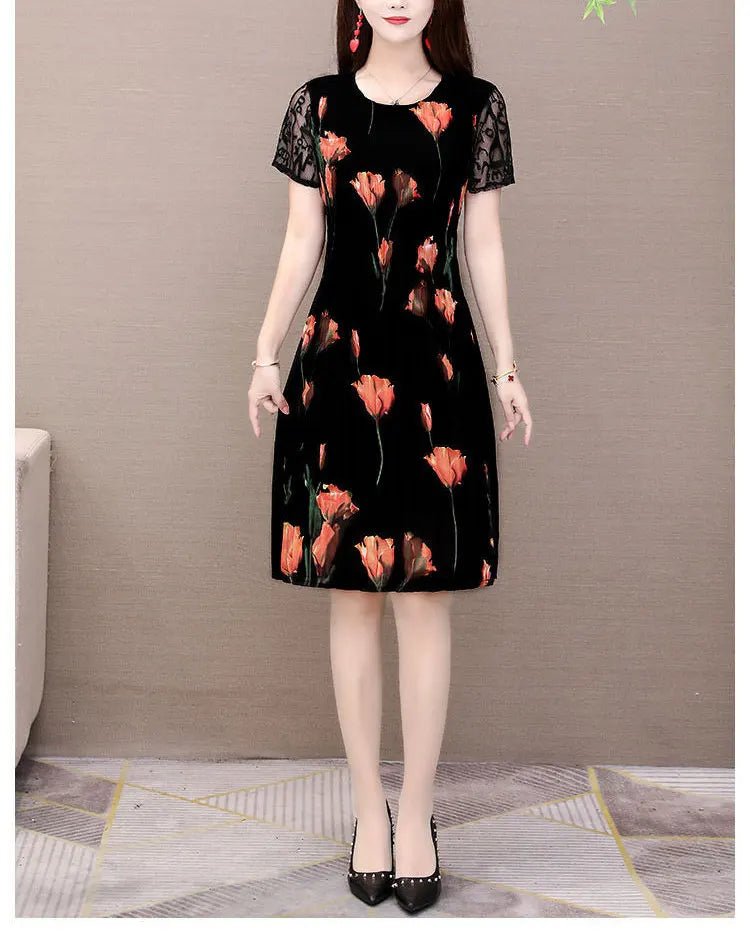 Elegant Floral Printed Midi Dress Summer Short Sleeve Stylish Lace Spliced Slim Women's Clothing A - Line Waist Vintage Dresses - PratSN