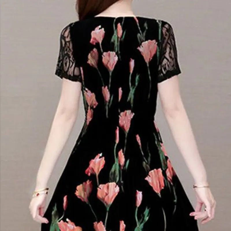 Elegant Floral Printed Midi Dress Summer Short Sleeve Stylish Lace Spliced Slim Women's Clothing A - Line Waist Vintage Dresses - PratSN