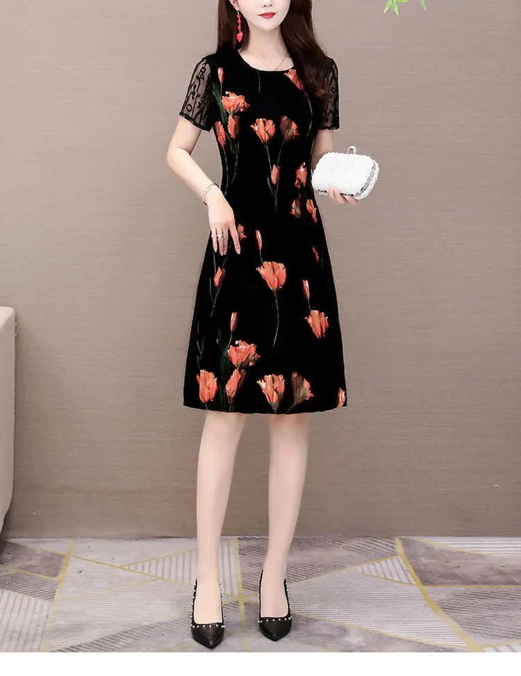 Elegant Floral Printed Midi Dress Summer Short Sleeve Stylish Lace Spliced Slim Women's Clothing A - Line Waist Vintage Dresses - PratSN