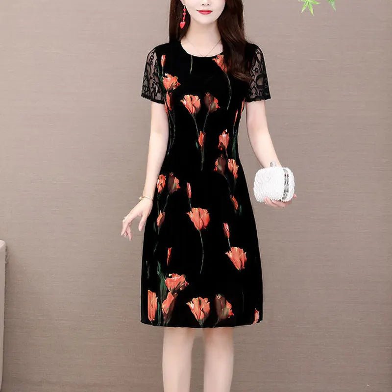 Elegant Floral Printed Midi Dress Summer Short Sleeve Stylish Lace Spliced Slim Women's Clothing A - Line Waist Vintage Dresses - PratSN