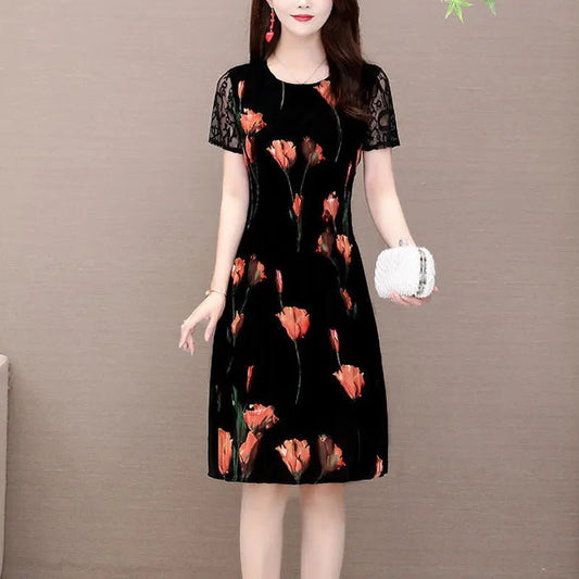 Elegant Floral Printed Midi Dress Summer Short Sleeve Stylish Lace Spliced Slim Women's Clothing A - Line Waist Vintage Dresses - PratSN