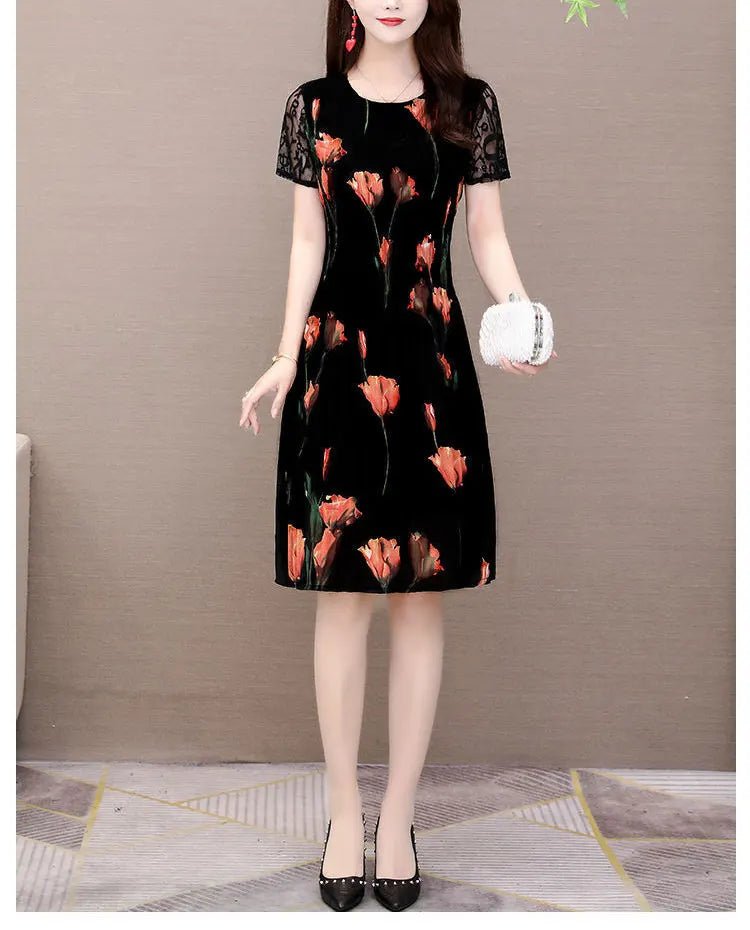 Elegant Floral Printed Midi Dress Summer Short Sleeve Stylish Lace Spliced Slim Women's Clothing A - Line Waist Vintage Dresses - PratSN