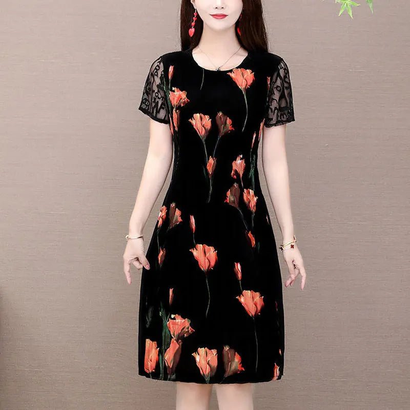 Elegant Floral Printed Midi Dress Summer Short Sleeve Stylish Lace Spliced Slim Women's Clothing A - Line Waist Vintage Dresses - PratSN