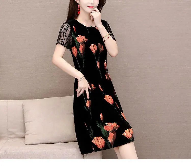 Elegant Floral Printed Midi Dress Summer Short Sleeve Stylish Lace Spliced Slim Women's Clothing A - Line Waist Vintage Dresses - PratSN