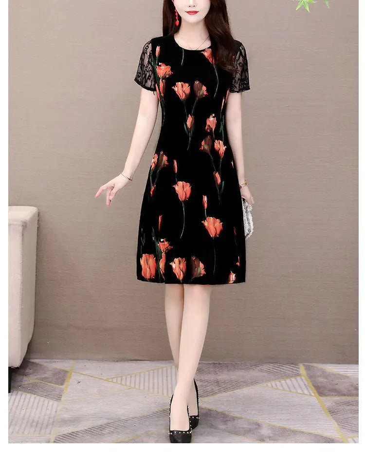 Elegant Floral Printed Midi Dress Summer Short Sleeve Stylish Lace Spliced Slim Women's Clothing A - Line Waist Vintage Dresses - PratSN