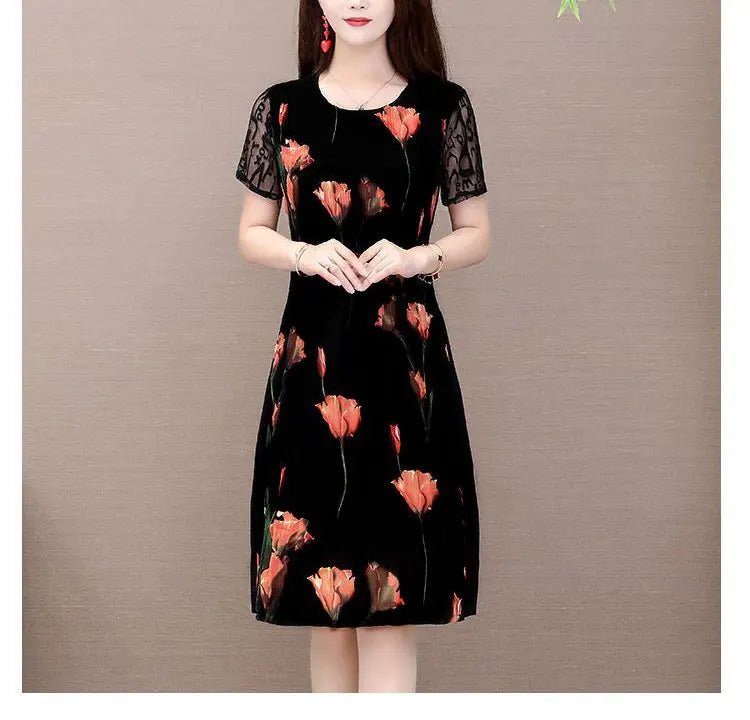 Elegant Floral Printed Midi Dress Summer Short Sleeve Stylish Lace Spliced Slim Women's Clothing A - Line Waist Vintage Dresses - PratSN
