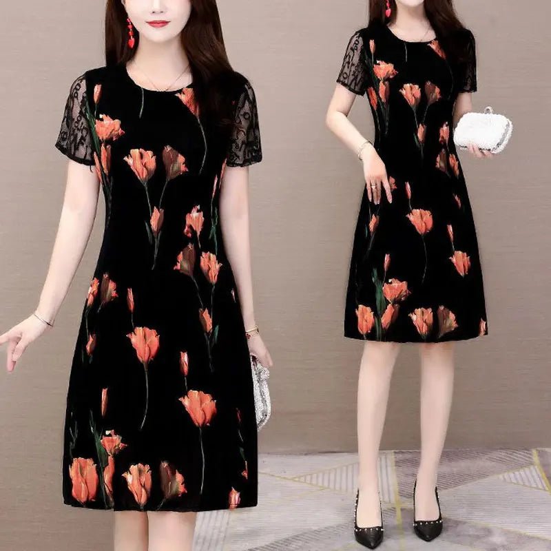 Elegant Floral Printed Midi Dress Summer Short Sleeve Stylish Lace Spliced Slim Women's Clothing A - Line Waist Vintage Dresses - PratSN