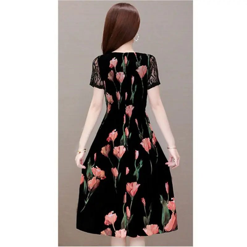 Elegant Floral Printed Midi Dress Summer Short Sleeve Stylish Lace Spliced Slim Women's Clothing A - Line Waist Vintage Dresses - PratSN