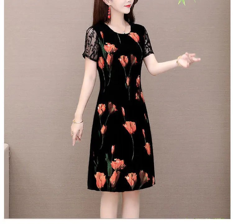 Elegant Floral Printed Midi Dress Summer Short Sleeve Stylish Lace Spliced Slim Women's Clothing A - Line Waist Vintage Dresses - PratSN