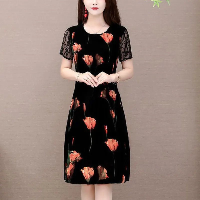 Elegant Floral Printed Midi Dress Summer Short Sleeve Stylish Lace Spliced Slim Women's Clothing A - Line Waist Vintage Dresses - PratSN