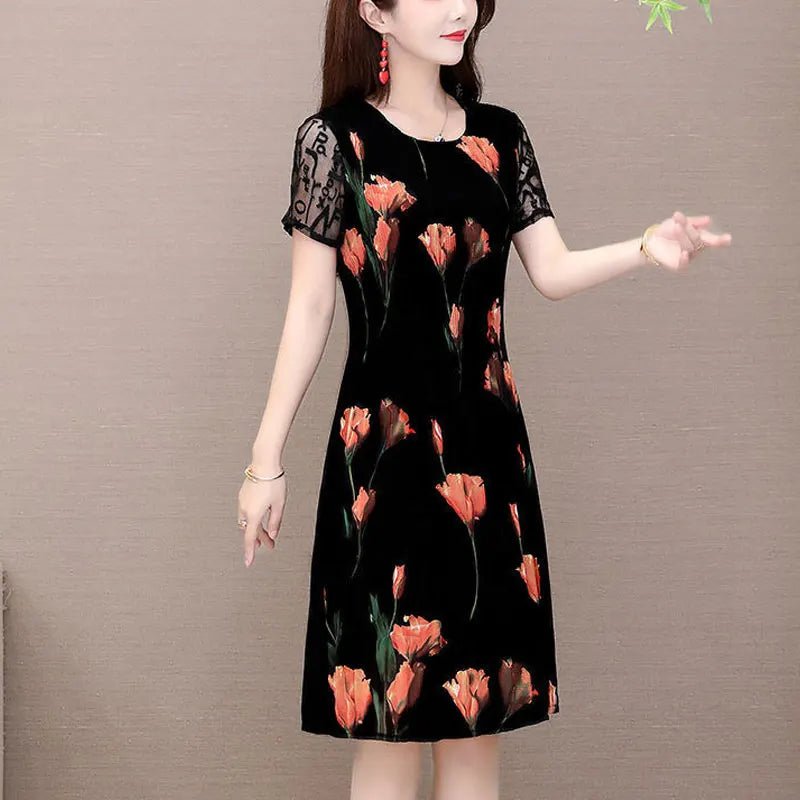 Elegant Floral Printed Midi Dress Summer Short Sleeve Stylish Lace Spliced Slim Women's Clothing A - Line Waist Vintage Dresses - PratSN