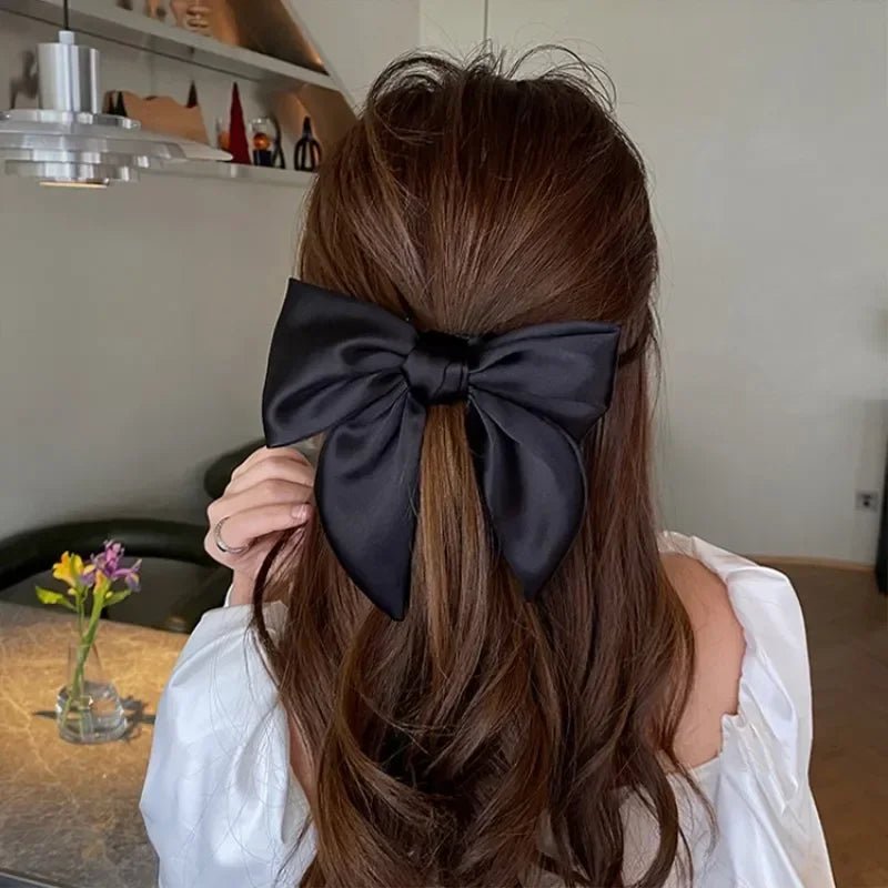 Elegant High - End Black Satin Bow Hair Accessories for Women - Perfect for Chic Ponytail and Sweet Hairdos - PratSN