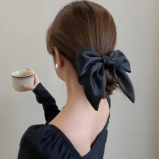 Elegant High - End Black Satin Bow Hair Accessories for Women - Perfect for Chic Ponytail and Sweet Hairdos - PratSN