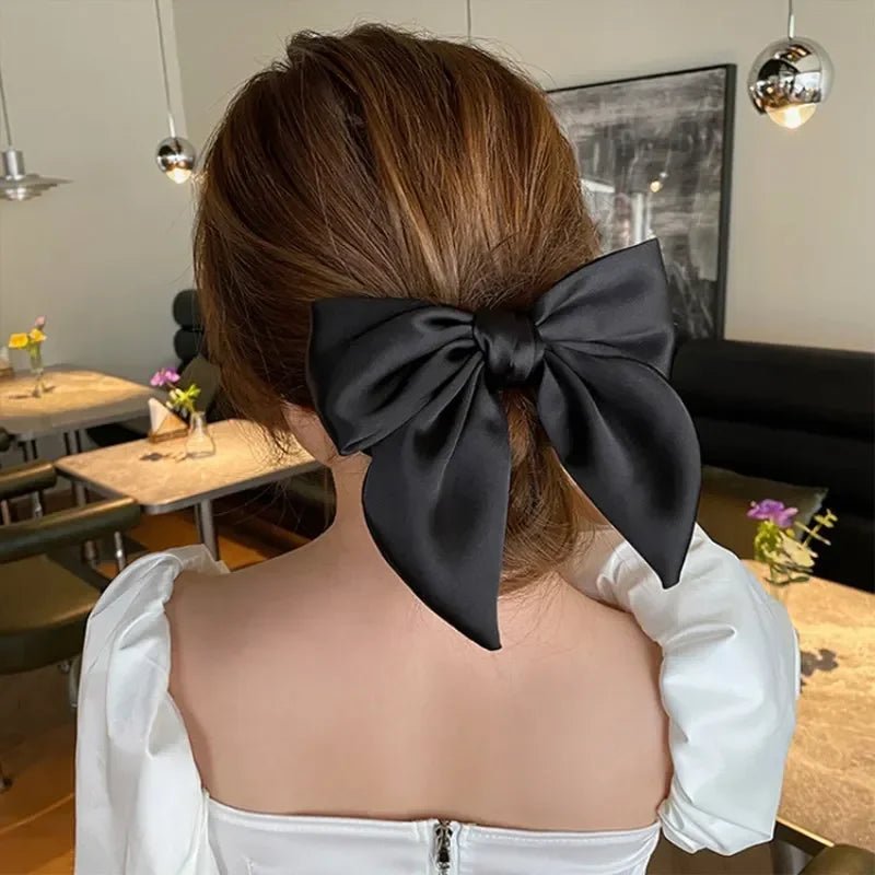 Elegant High - End Black Satin Bow Hair Accessories for Women - Perfect for Chic Ponytail and Sweet Hairdos - PratSN