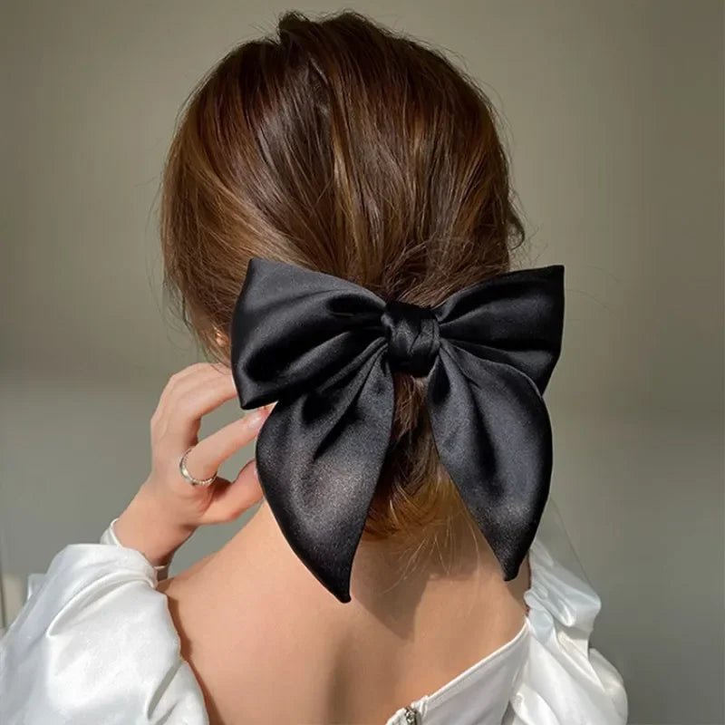 Elegant High - End Black Satin Bow Hair Accessories for Women - Perfect for Chic Ponytail and Sweet Hairdos - PratSN
