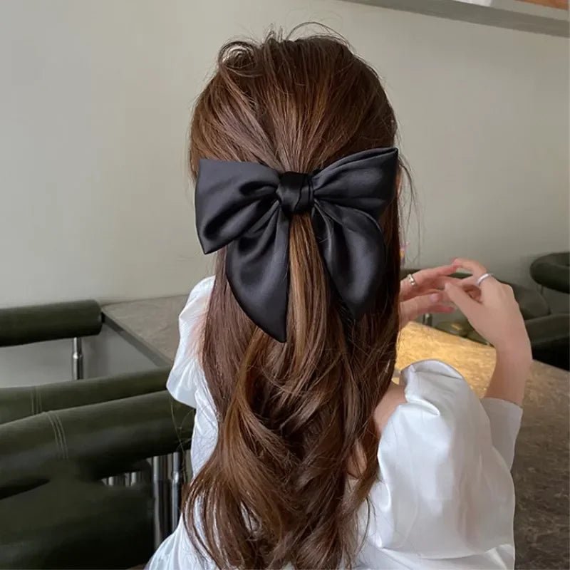 Elegant High - End Black Satin Bow Hair Accessories for Women - Perfect for Chic Ponytail and Sweet Hairdos - PratSN