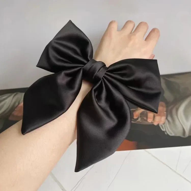 Elegant High - End Black Satin Bow Hair Accessories for Women - Perfect for Chic Ponytail and Sweet Hairdos - PratSN