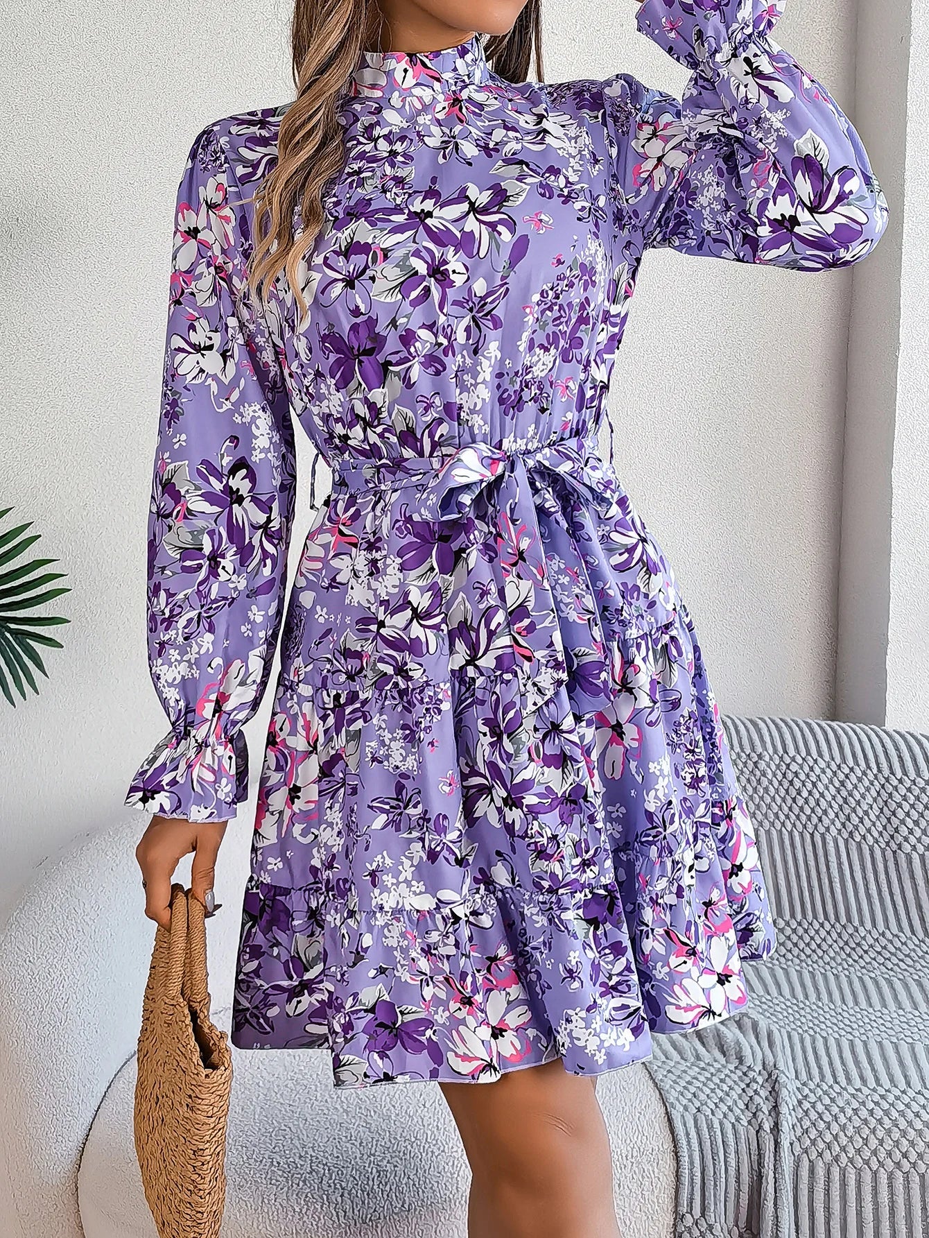 Elegant Mock Neck Belted Ruffle Hem Floral Print Dress For Spring & Fall, Women's Clothing - PratSN