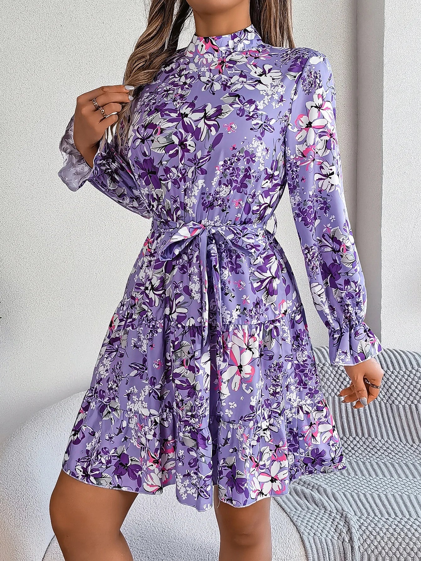 Elegant Mock Neck Belted Ruffle Hem Floral Print Dress For Spring & Fall, Women's Clothing - PratSN