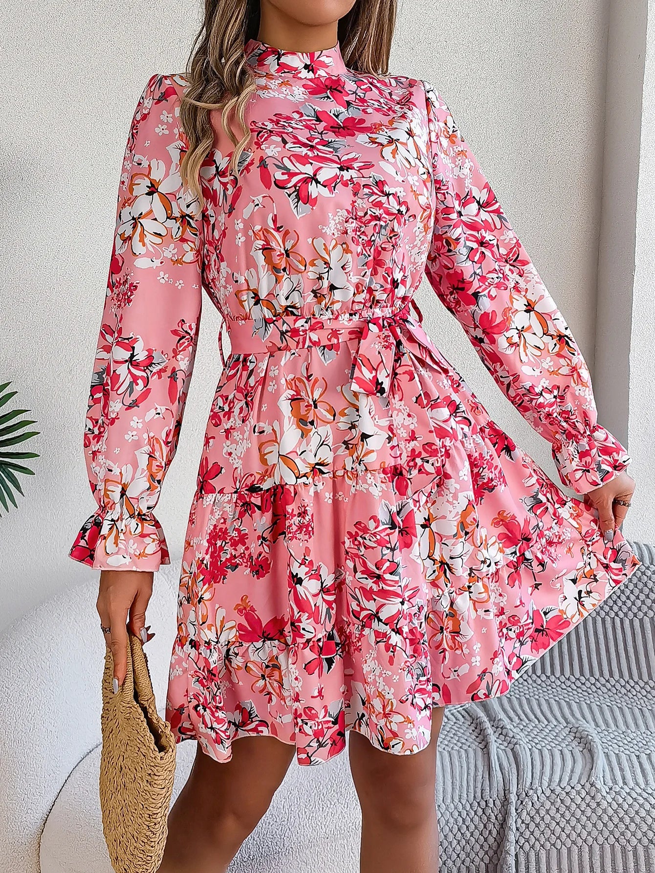 Elegant Mock Neck Belted Ruffle Hem Floral Print Dress For Spring & Fall, Women's Clothing - PratSN