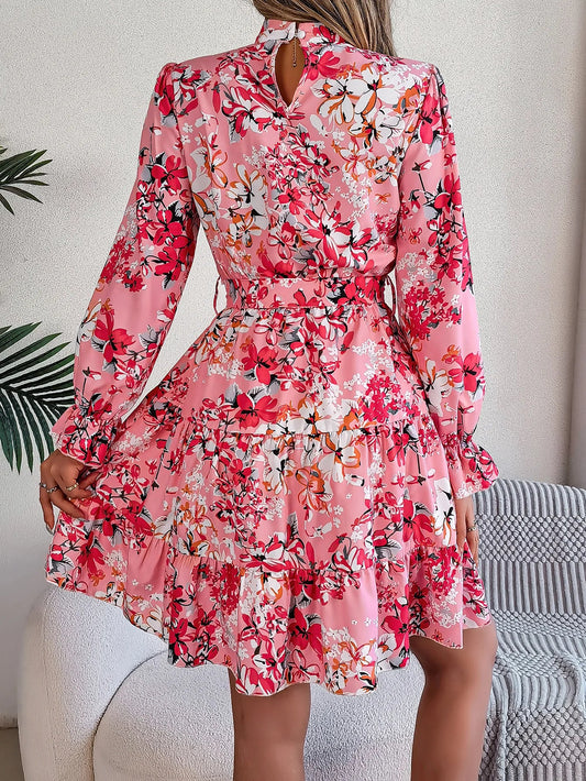 Elegant Mock Neck Belted Ruffle Hem Floral Print Dress For Spring & Fall, Women's Clothing - PratSN