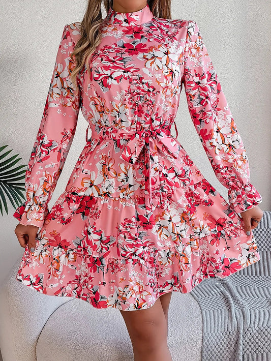 Elegant Mock Neck Belted Ruffle Hem Floral Print Dress For Spring & Fall, Women's Clothing - PratSN