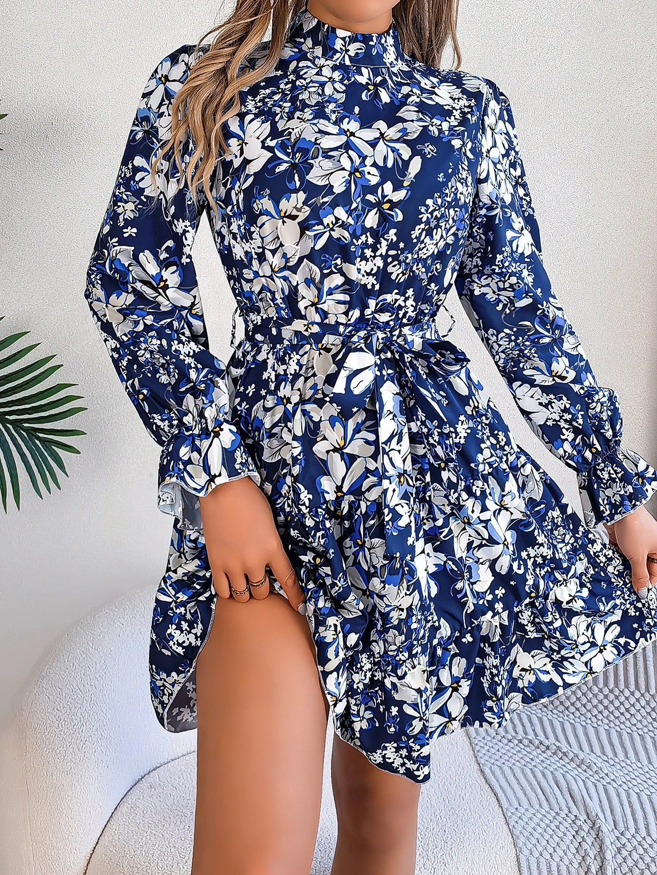 Elegant Mock Neck Belted Ruffle Hem Floral Print Dress For Spring & Fall, Women's Clothing - PratSN