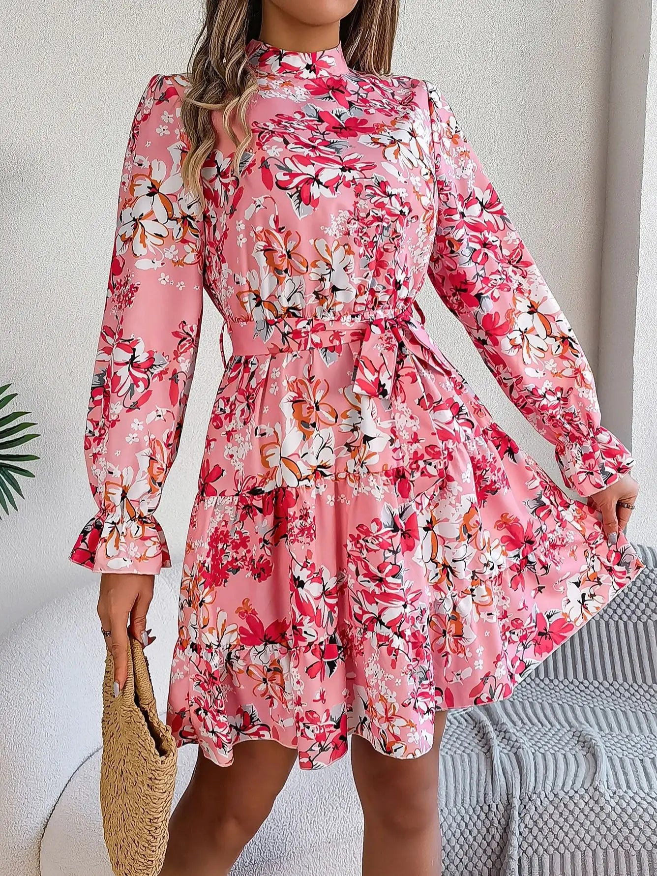 Elegant Mock Neck Belted Ruffle Hem Floral Print Dress For Spring & Fall, Women's Clothing - PratSN