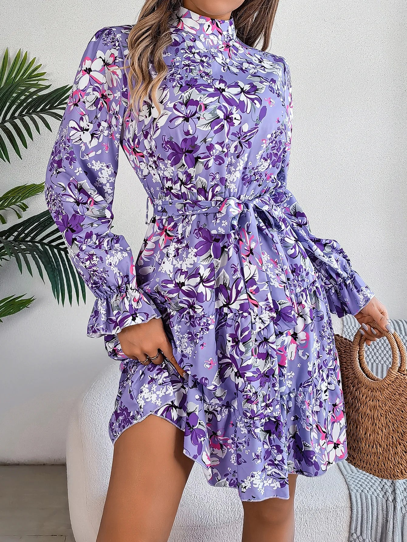 Elegant Mock Neck Belted Ruffle Hem Floral Print Dress For Spring & Fall, Women's Clothing - PratSN