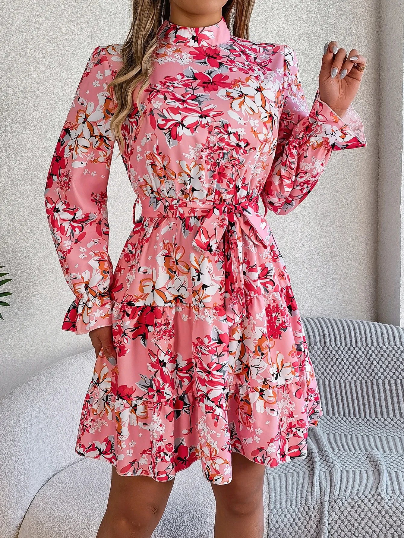Elegant Mock Neck Belted Ruffle Hem Floral Print Dress For Spring & Fall, Women's Clothing - PratSN