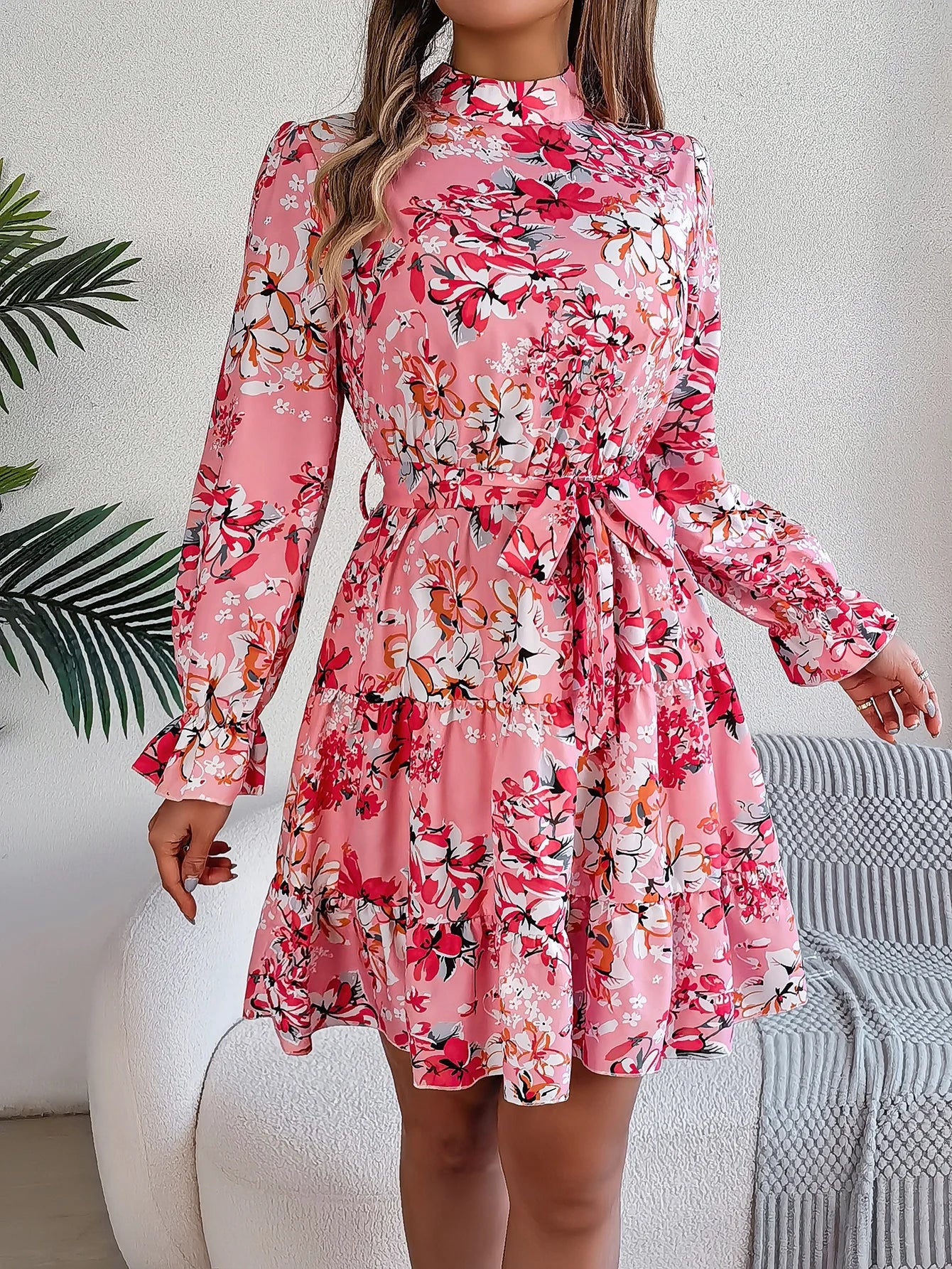 Elegant Mock Neck Belted Ruffle Hem Floral Print Dress For Spring & Fall, Women's Clothing - PratSN