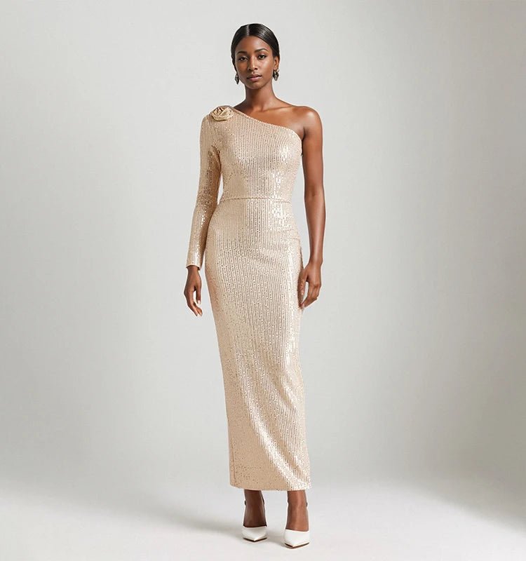 Elegant One Shoulder Gold Sequin Gown with Long Sleeve Perfect for Formal Events and Evening Glam - PratSN