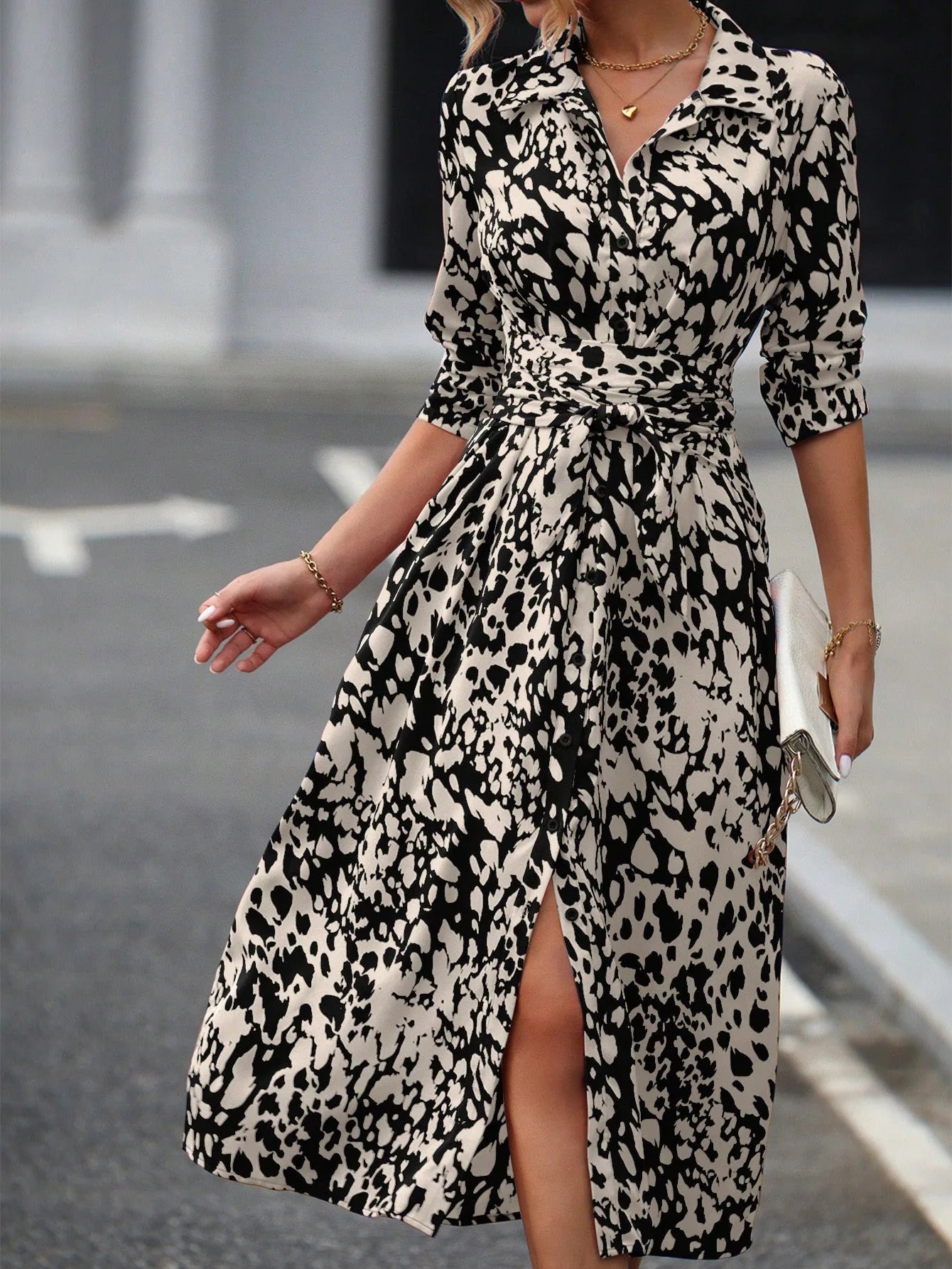 Elegant Random Print Button Down Shirt Dress Women's Long Sleeve Belted Waist Midi Dress Spring Fall Office Casual Dress - PratSN