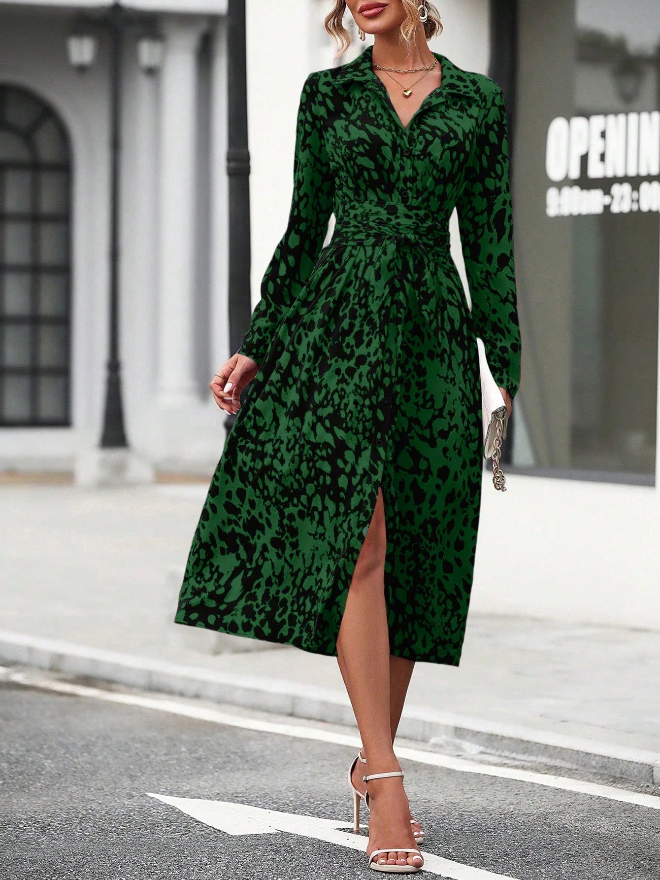 Elegant Random Print Button Down Shirt Dress Women's Long Sleeve Belted Waist Midi Dress Spring Fall Office Casual Dress - PratSN