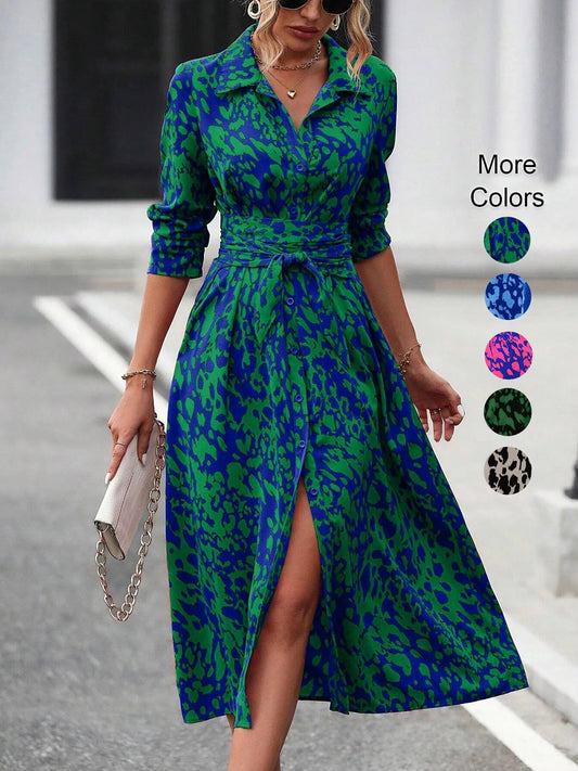 Elegant Random Print Button Down Shirt Dress Women's Long Sleeve Belted Waist Midi Dress Spring Fall Office Casual Dress - PratSN