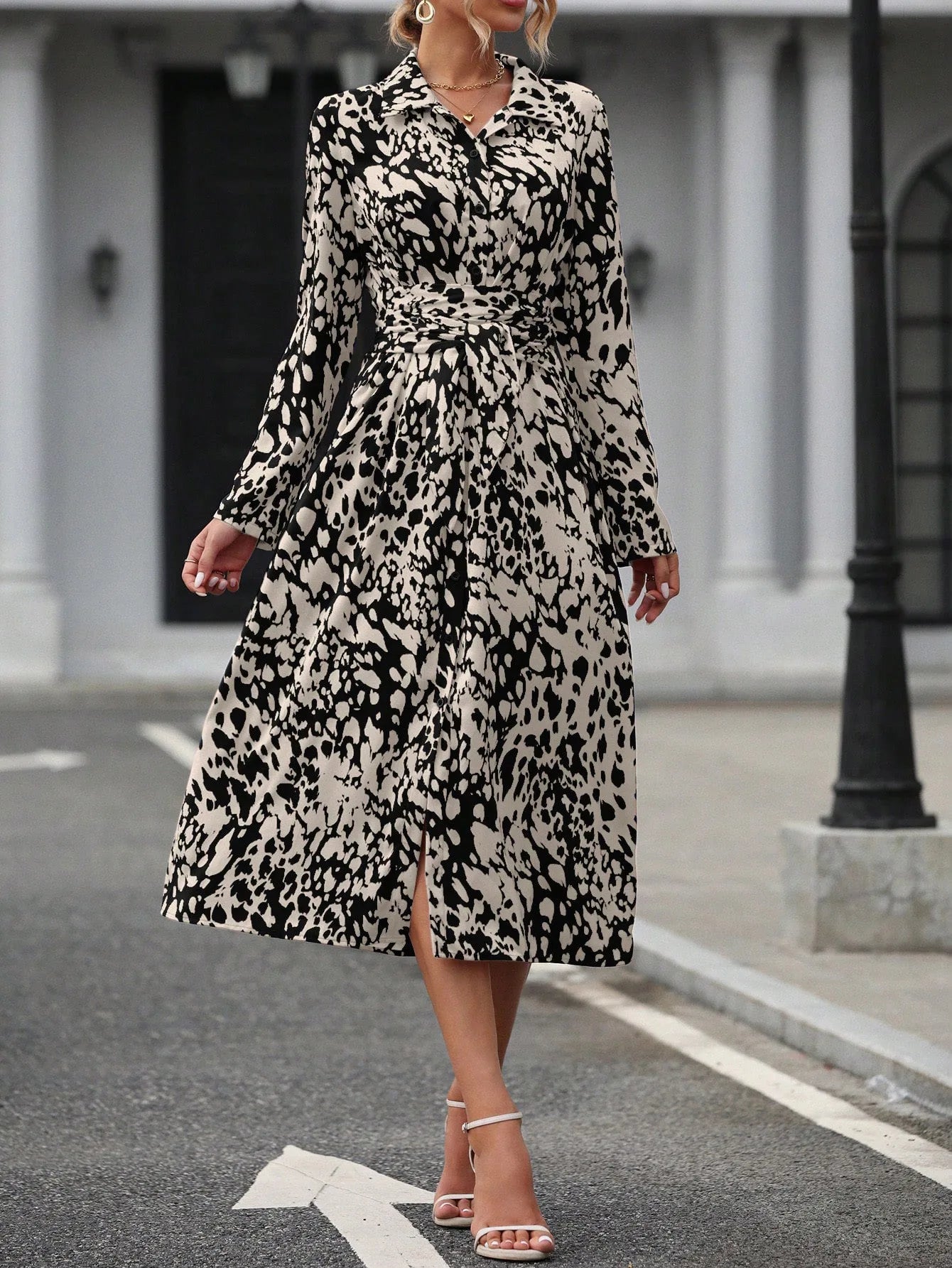 Elegant Random Print Button Down Shirt Dress Women's Long Sleeve Belted Waist Midi Dress Spring Fall Office Casual Dress - PratSN