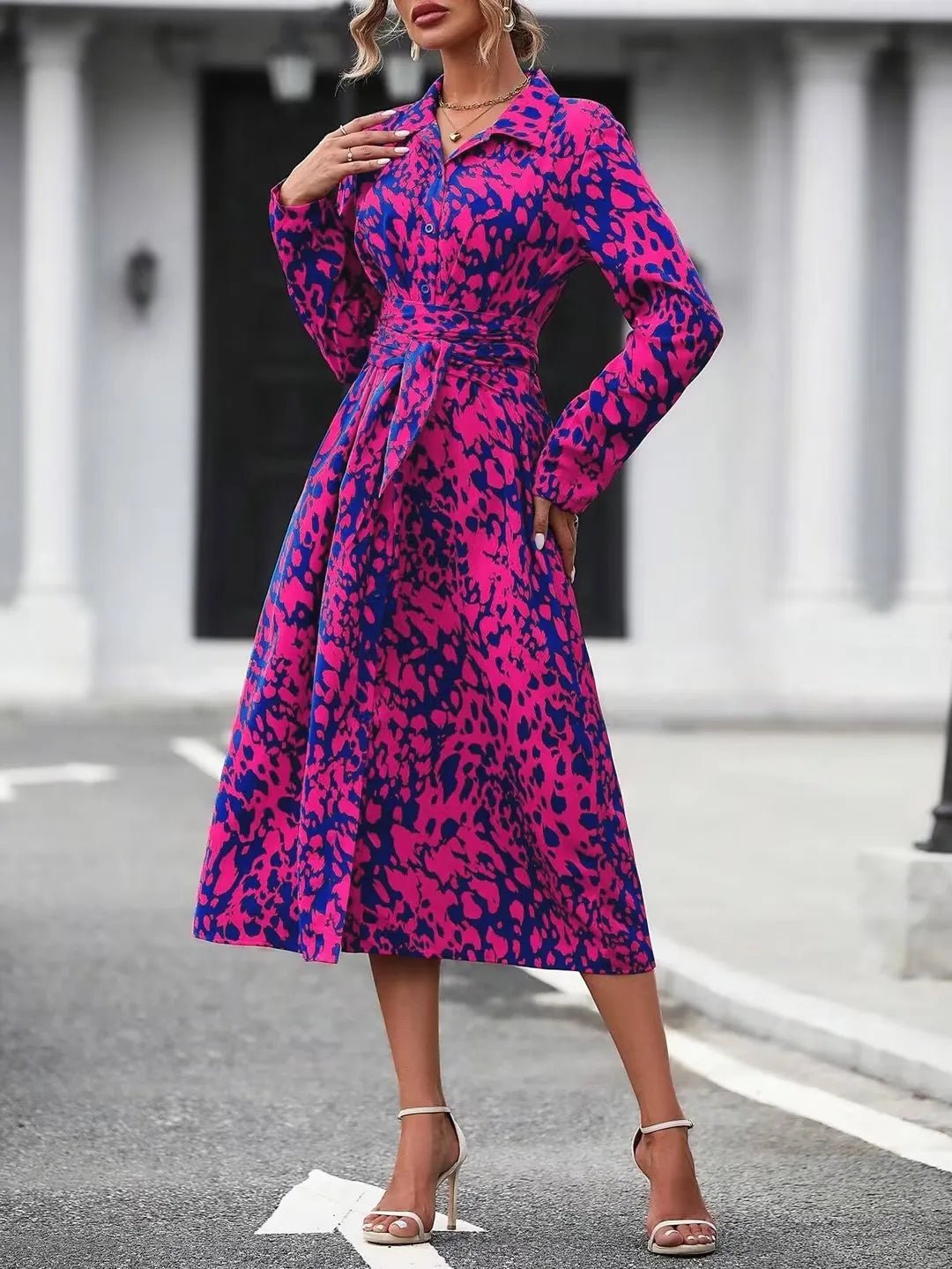 Elegant Random Print Button Down Shirt Dress Women's Long Sleeve Belted Waist Midi Dress Spring Fall Office Casual Dress - PratSN