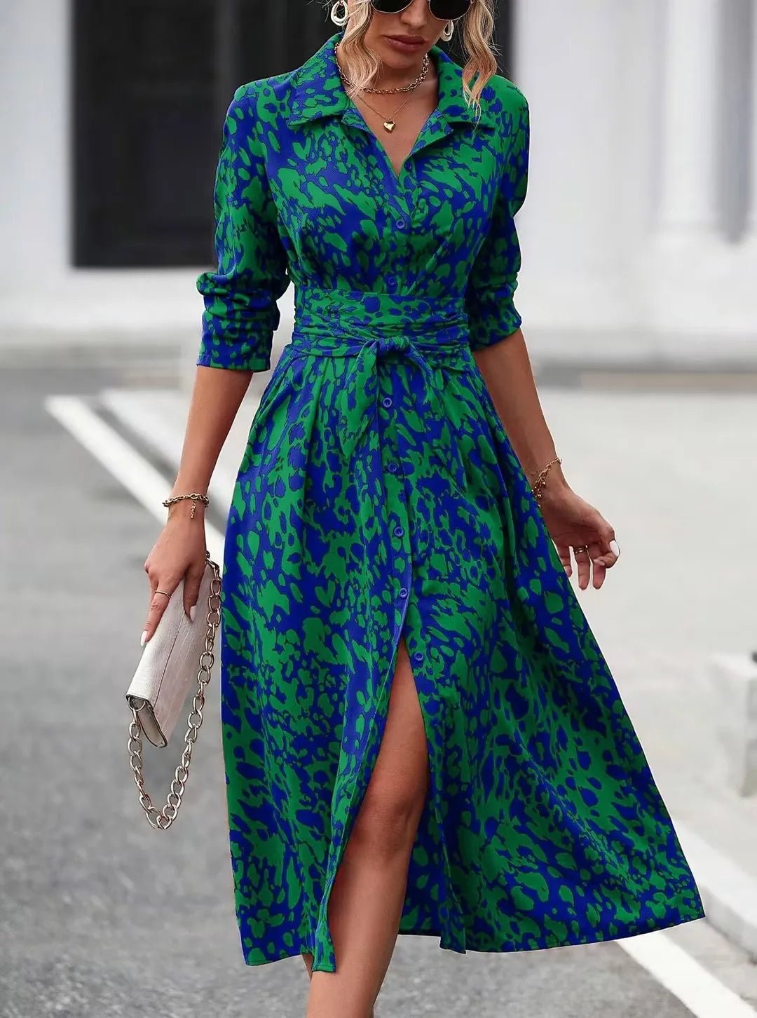 Elegant Random Print Button Down Shirt Dress Women's Long Sleeve Belted Waist Midi Dress Spring Fall Office Casual Dress - PratSN